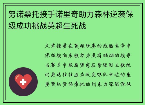 努诺桑托接手诺里奇助力森林逆袭保级成功挑战英超生死战 努诺桑托接手诺里奇助力森林逆袭保级成功挑战英超生死战